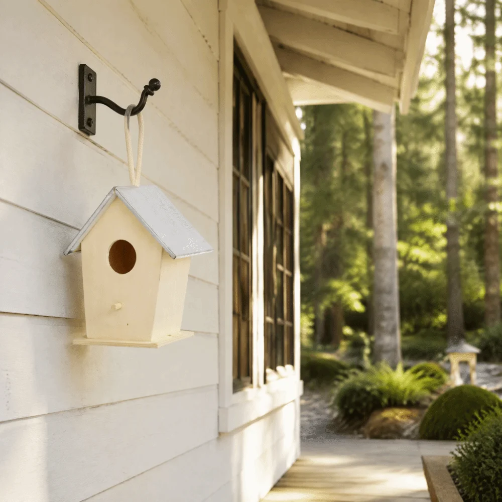 Galvanized Iron Top Wooden Bird House Wood Panel Frame Sloped Roof Design Hanging Birdhouse Hanging Rope Portable