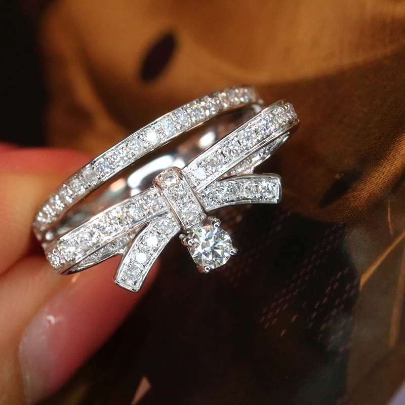 LUOWEND 100% 18K White Gold Rings Romantic Bowknot Shape 0.72carat Real Natural Diamond Ring for Women High Party Jewelry