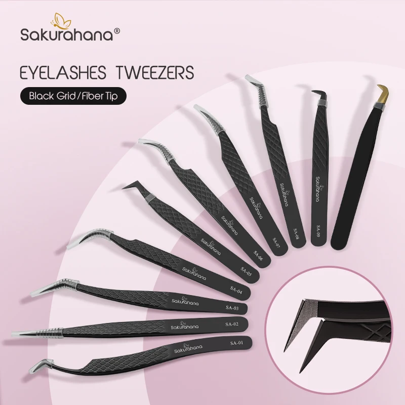 SAKURAHANA Hochwertige Wimpernpinzette mit schwarzer Faserspitze für Wimpernverlängerungen, Mega-Volumen-Nerzwimpern-Werkzeug, gerader Kopf, gebogene Spitze
