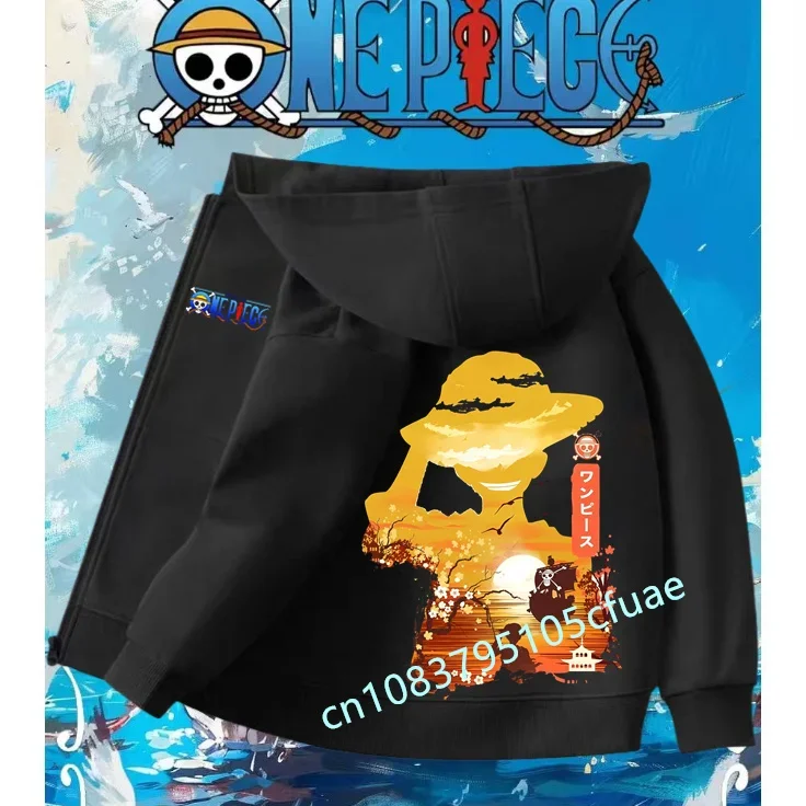 

One Piece Luffy And His Partner Harajuku Printed Pattern Children's Boys Girls Zipper Hoodie+pants Same Straw Hat Group Fetters