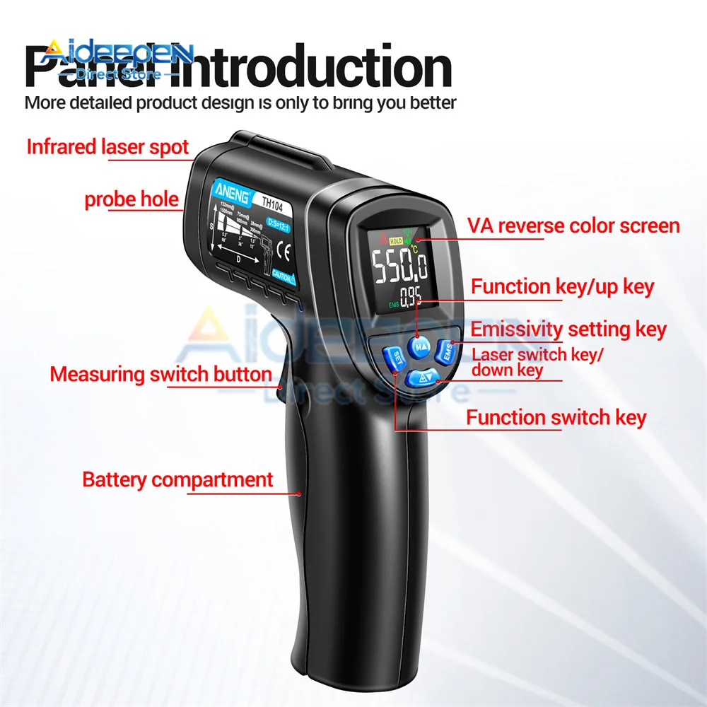 TH104 termometr przemysłowy wyświetlacz odwrotny VA bezkontaktowy pistolet pomiar temperatury na podczerwień-miernik temperatury 50 ~ 550 ℃