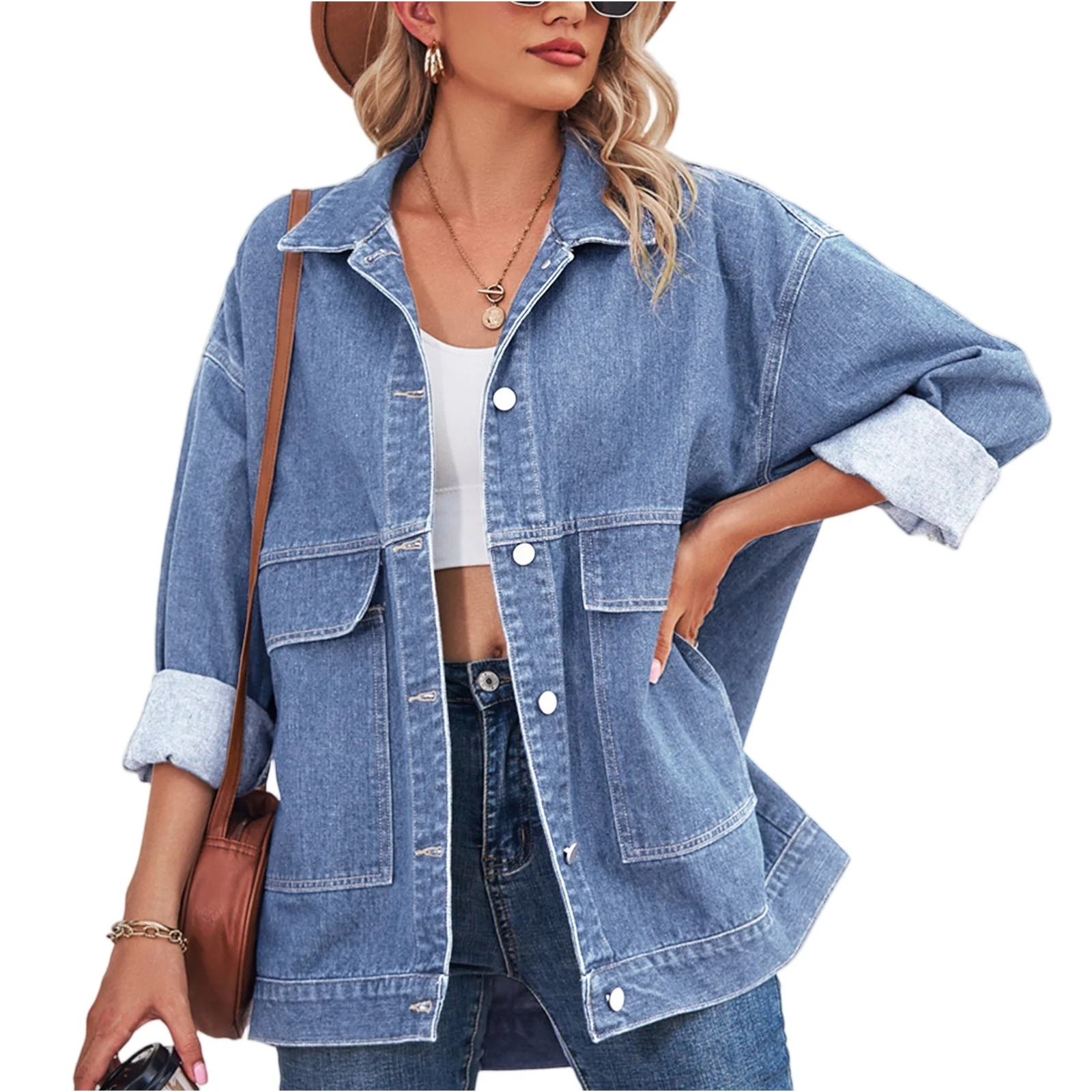 

Autumn Women's Denim Jacket Solid Color Lapel Collar Single-breasted Outerwear With Pocket Washed Top For Female Lady's Coat