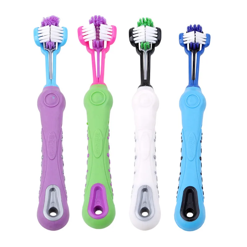 Cepillo de dientes de tres caras para mascotas, accesorio para el cuidado de los dientes de los perros y gatos, elimina el sarro y el mal aliento, gran oferta