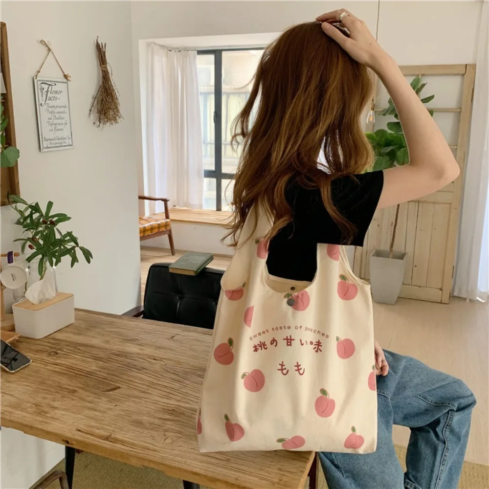 Cute Strawberry Tote Bag School Girls Casual Canvas Bag Shopper Designer Handbag Women Peach Print Eco Shoulder Bags