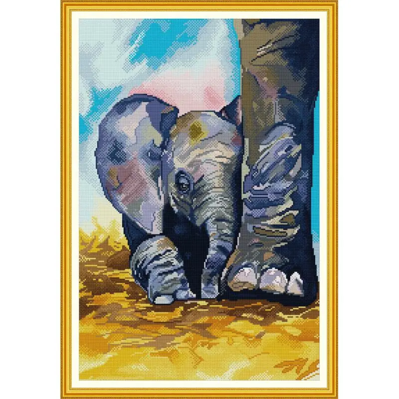 

Maydear Full Cross Stitch Kit,11CT/14CT/16CT/9CT Aida Fabric, Embroidery Set-Baby elephant snuggling with mother