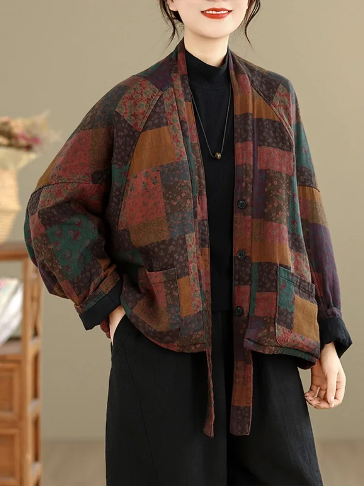 

Retro Patchwork Cotton Jaet Women's Winter Warm New Chinese Sle Collar Thi Cotton Clothes Batwing Sve Print Artistic