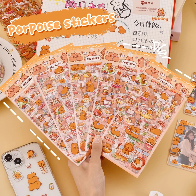 Pegatinas de Capybara Kawaii, pegatinas de dibujos animados, álbum de cuenta de mano, decoración de diario, papelería estética, regalos, 6 piezas