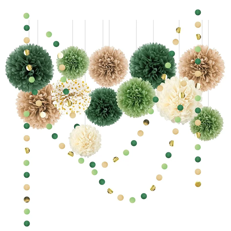 MOPHE-Für Hochzeit Party Dekorationen Set, grüne Seidenpapier Punkte Girlande, 15PCS Pom Poms String hängenden Hintergrund für Hochzeiten