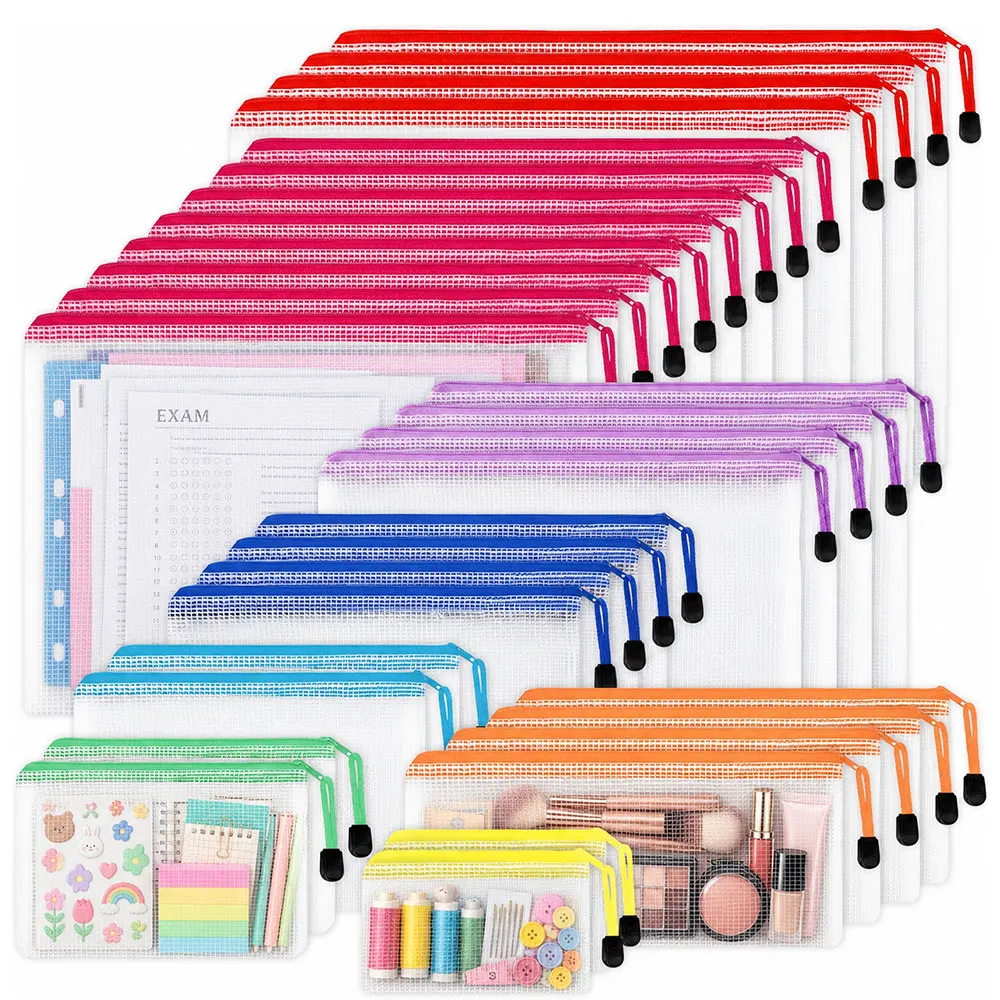 30PCS Mesh Zipper Pouch Bags, 8 Sizes 8 Colors, Reusable File Organizer Storage Bags for Office, School, Travel and Crafts