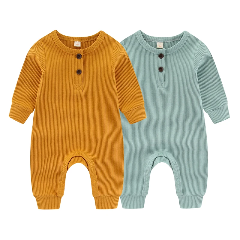 Kiddiezoom Baby Boy Girl Rompers 2 Pack Solid Unisex Long Sleeve Jumpsuits Infants Clothes Outfits