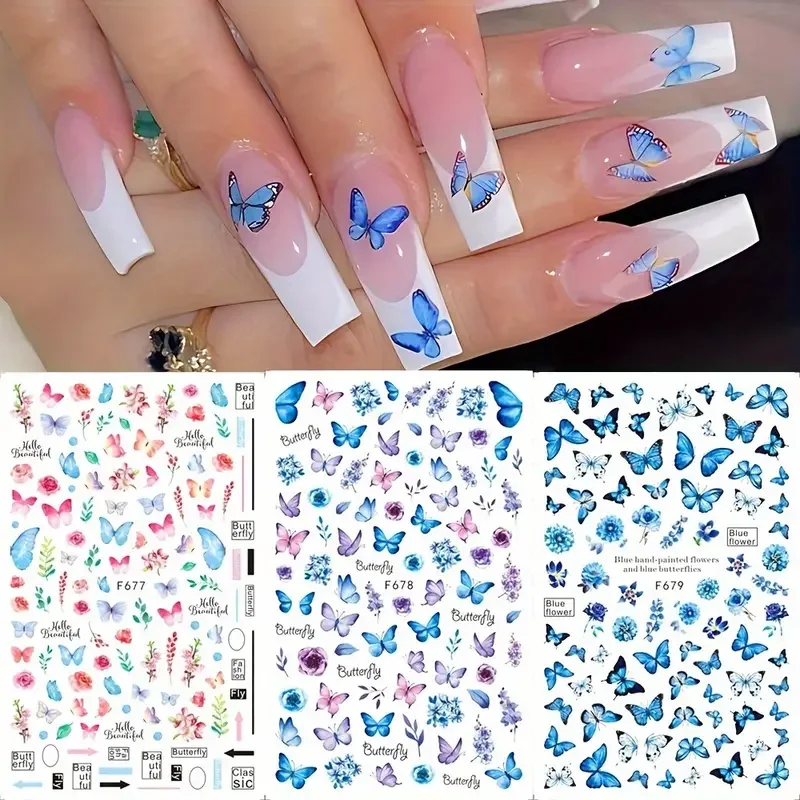 6pcs Spring Butterfly Design Nail Art Stickers, Self Adhesive Spring Flower Design Nail Art Decals For Nail Art Decoration