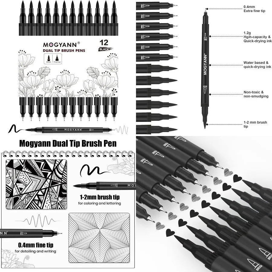 

Ручки для рисования Mogyann, 12 шт., ручки с двойной кистью, черные маркеры для художественного рисования, эскизов, профессиональные инструменты для иллюстрации тонких линий
