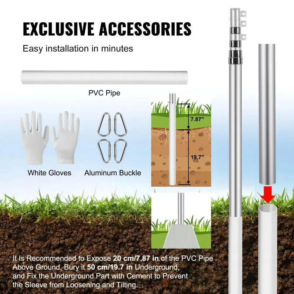 Kit de mât de drapeau télescopique de 20 pieds, en alliage d'aluminium robuste dans le mât de drapeau au sol avec drapeau américain 3x5, accessoires professionnels