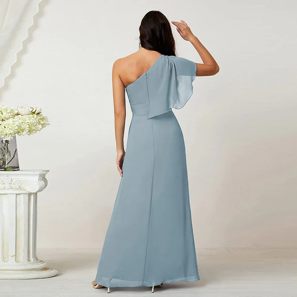 Customized Dusty Blue Sheath Mother Of The Bride Dresses Side Split One-Shoulder Prom Gown Pleat Ruffles Chiffon Party Dress Ves