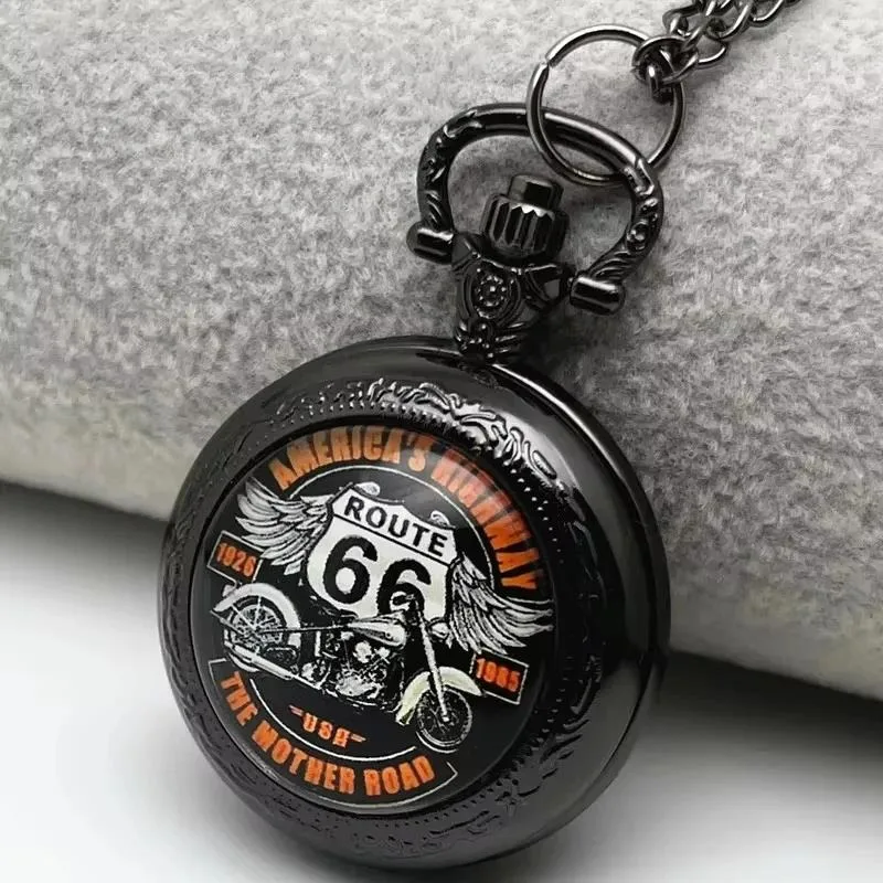 Classic Route 66 America Highway Motorcycle Pocket Watch Vintage Steampunk Style Quartz Pocket Watch with Chain Necklace