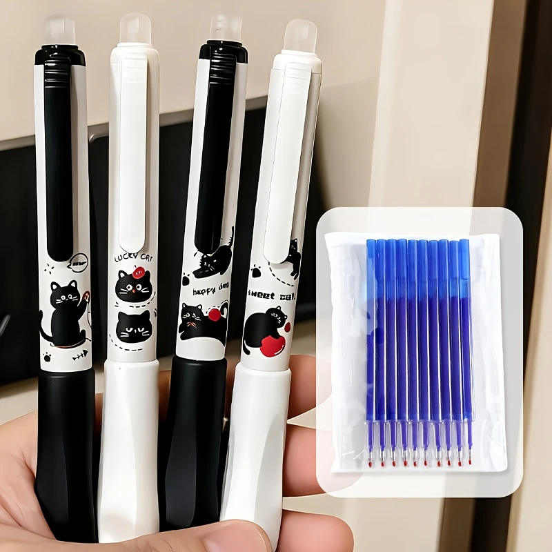 4 Black Cat Erasable Blue Gel Pens + 10 Refills Set, 0.5mm Tip, with Eraser Head, Suitable for Study, Office, Classroom Rewards