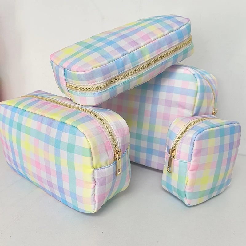 S M L XL Makeup Bag Rainbow Plaid Toiletry Storage Pouch Grid Pattern Outdoor Fanny Pack Travel Wash Cosmetic Bag Gift Organizer