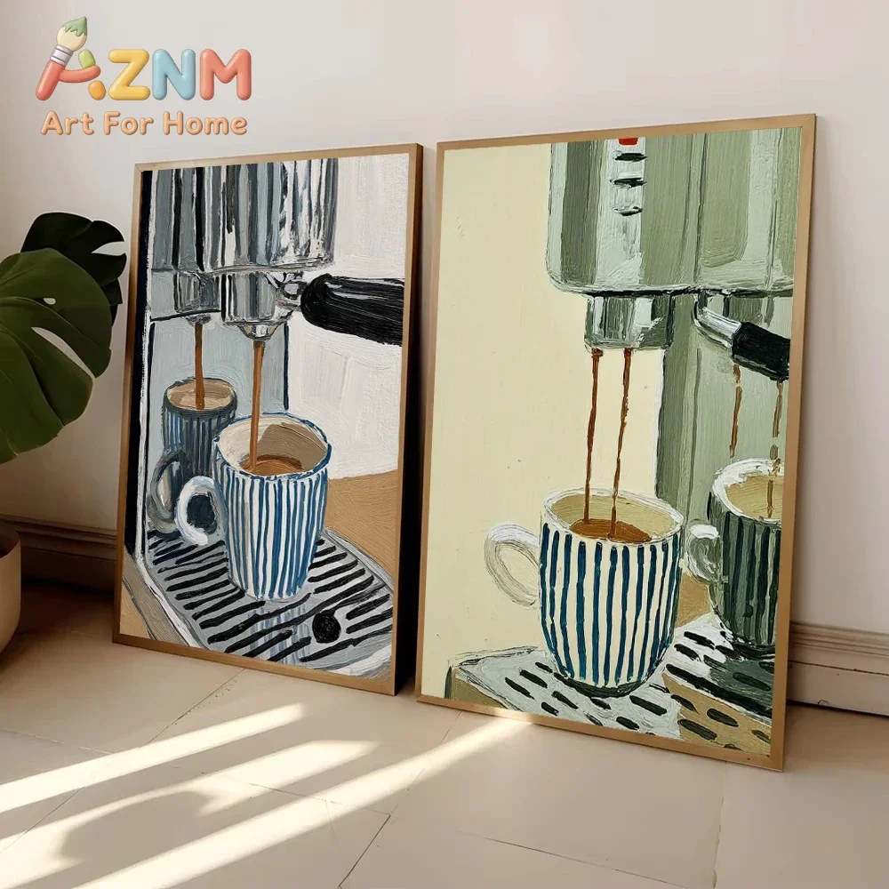 AZNM Abstract Coffee Machine Canvas Wall Art Vintage Oil Painting Style Coffee Cup Print Poster for Kitchen Cafe Dining Room Hom