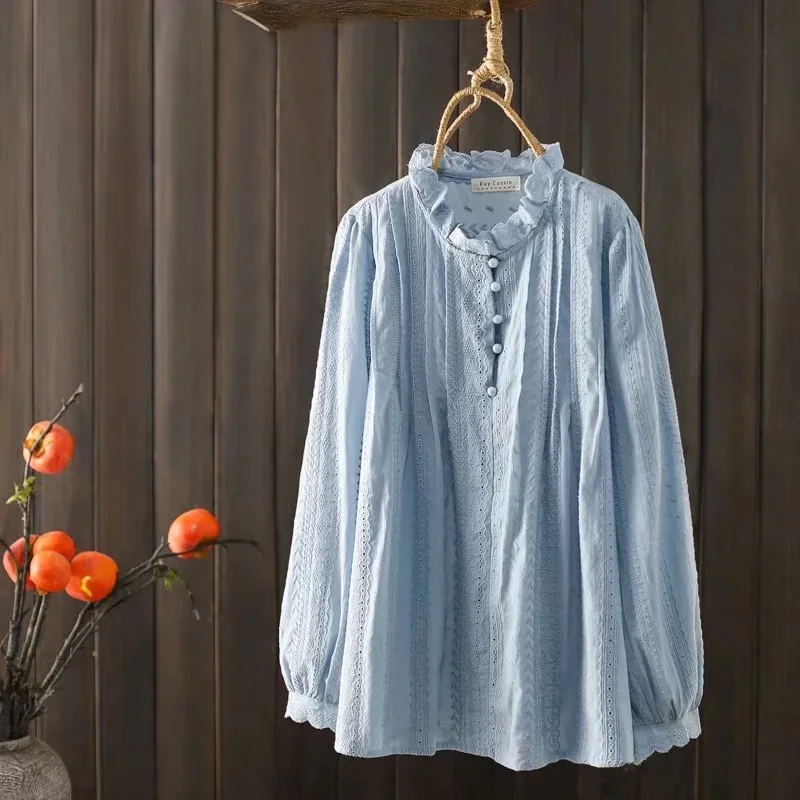 Bohemian Shirts & Blouses Women Pullover Female Korean Fashion Long Sleeve Blue Ruffled Lace Embroidered Cotton Blouses