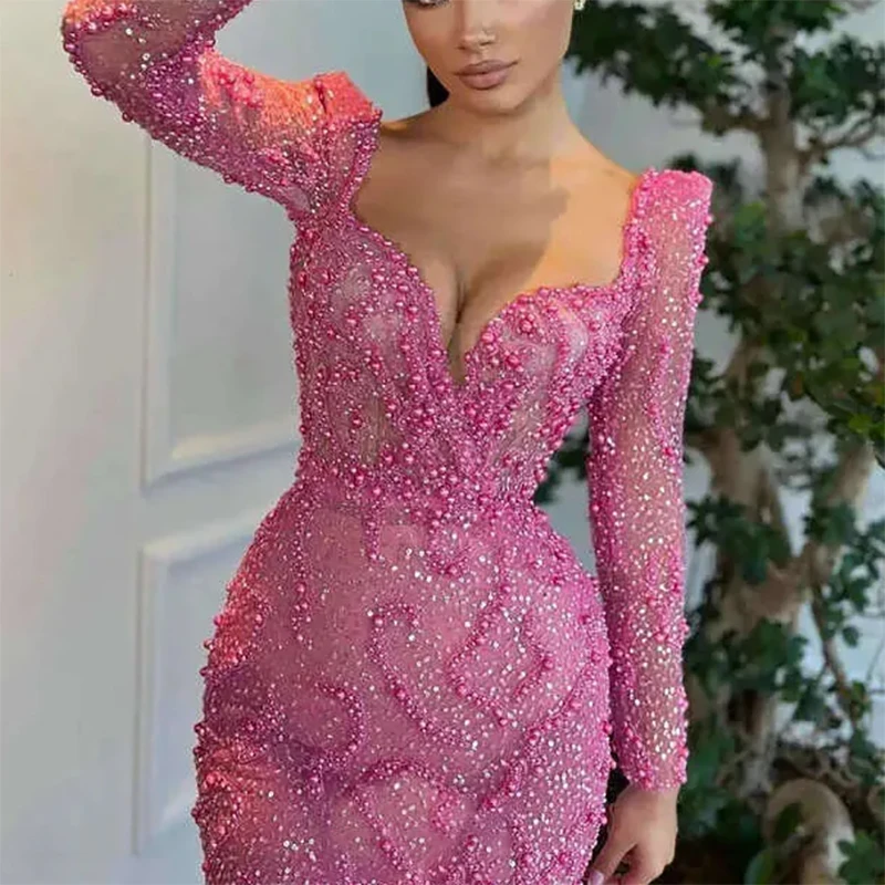 Pink Square Neck Formal Evening Dresses Full Sleeve Sequins Lace Beaded Mermaid Prom Dresses Customized فساتين سهرة