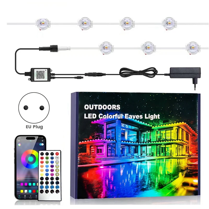 Luces LED permanentes para aleros al aire libre, impermeables, Control por aplicación, luces de cadena RGB para decoraciones navideñas, enchufe europeo-AT64