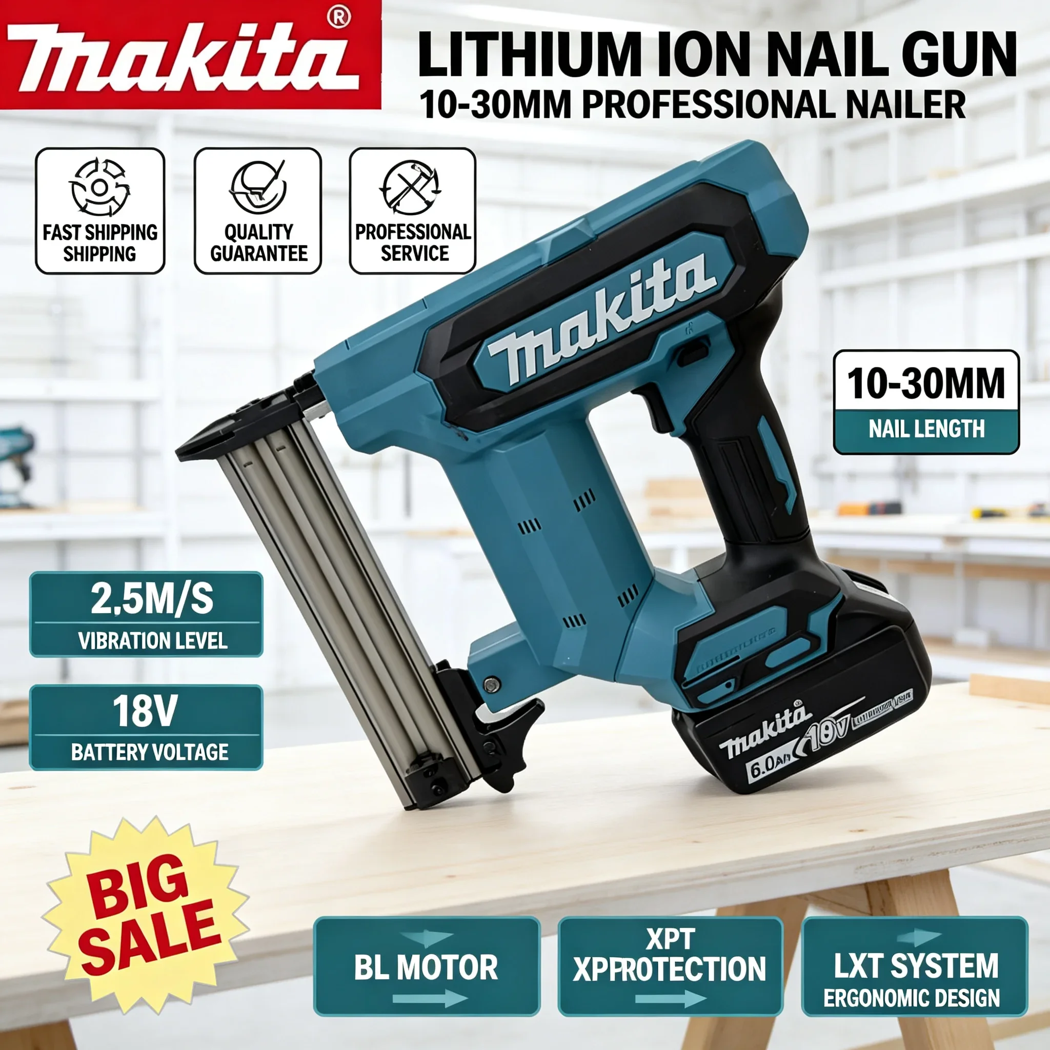 Makita 18V Li-ion Cordless Nail Gun 6.0Ah Battery, Portable Power Nailer For Flooring, Shelving & DIY Woodworking Projects