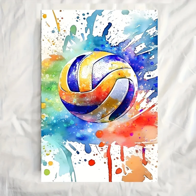2D Flat, 2D Flat, Single Frameless Volleyball Wall Art Print - Colorful Watercolor Splash Artwork, 30.48X45.72 cm Canvas for
