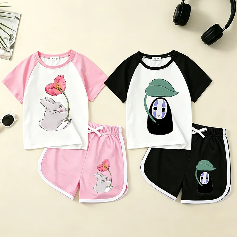 Totoro Raglan Sleeve Short Sleeves Shorts Suit Kids Fashion T-shirt Set Boy Girl Anime Cartoon Print Sportswear Set Summer Tees