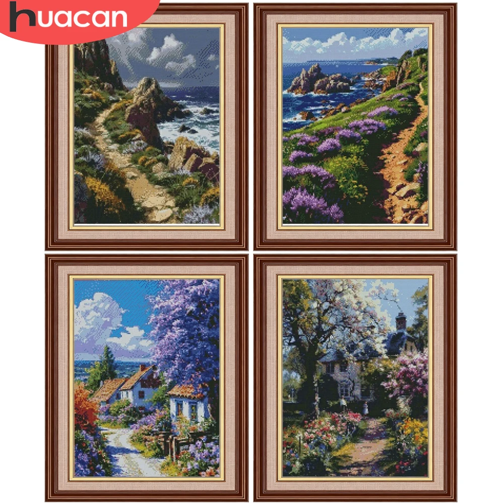 HUACAN Kreuzstich-Set Meereslandschaft 11CT Stickerei-Sets Hafen Seehafen Lavendel Handarbeit Heimdekoration