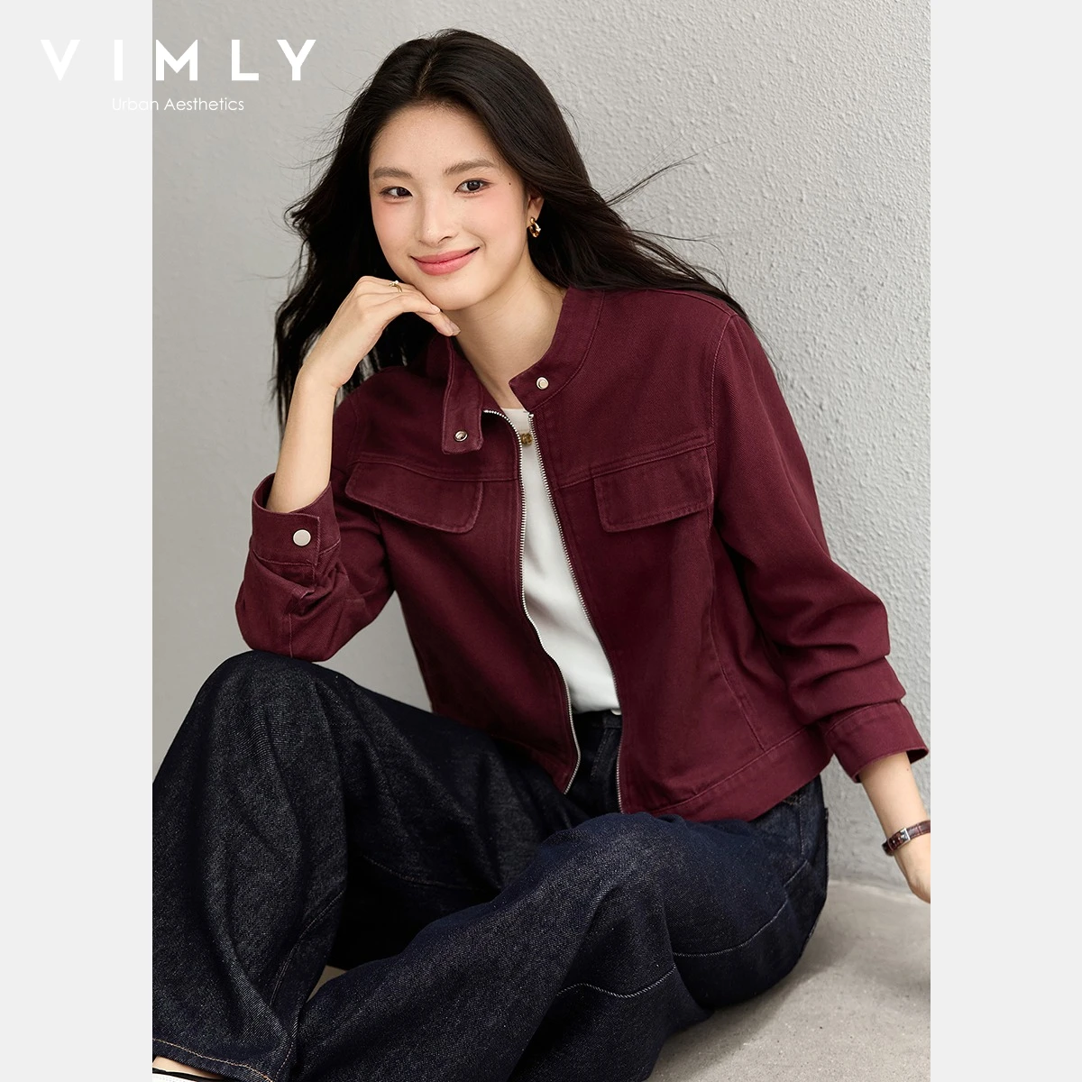 

VIMLY Women's Cropped Denim Jacket 2026 Spring Fall Red Vintage Wash Stand Collar Short Coat 100% Cotton Casual Jacket A2568