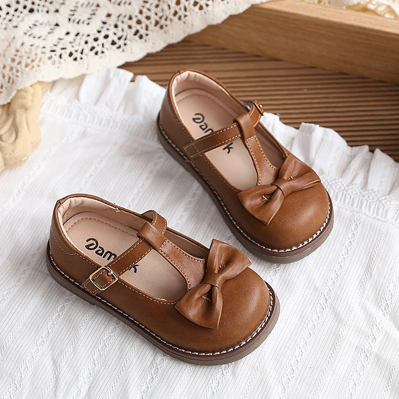 Vintage Children School Leather Shoes Classic T-Strap Girls Hollow-out Mary Jane Shoes Lightweight Kids Uniform Shoes with Bow