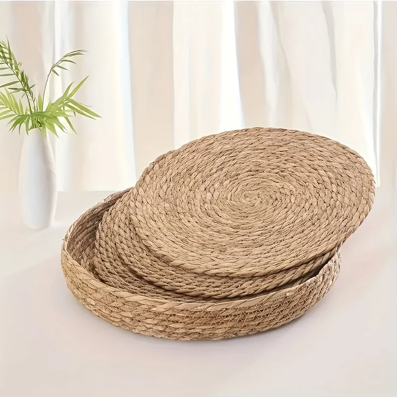 6Pcs Handmade Natural Round Placemats + 1 Heat-Resistant Woven Tray – Boho Table Decor for Home, Party & Wedding