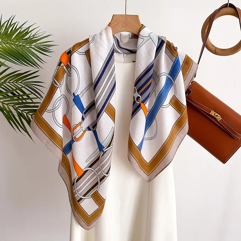 90*90 2024 New Fashion Light Luxury Silk Scarf Women Twill Simple Square Scarves Ladies Sunscreen Shawl Headscarf All Seasons image 3
