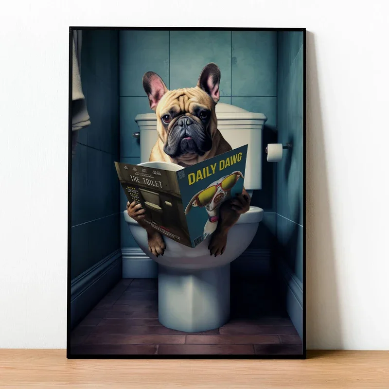 Funny Corgi Pug Dog Sit On Toilet Read Newspaper Print Poster Canvas Painting Cute Animal Wall Art For Bathroom Home Decor