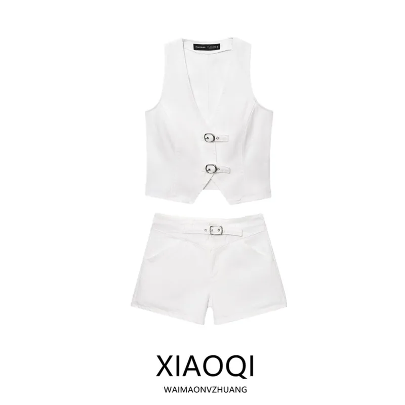 

Summer 2025 Casual Denim Vest And orts Set Women's Faion New Arrival Button Decorated Top Waist ort Pants V-ne ort ...