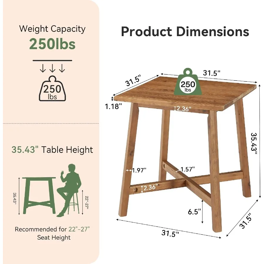 Solid Wood Bar Table, Farmhouse 31.5 Inch Square Counter Height Bistro Table with Footrest, Commercial Pub High Top Cocktail Fu