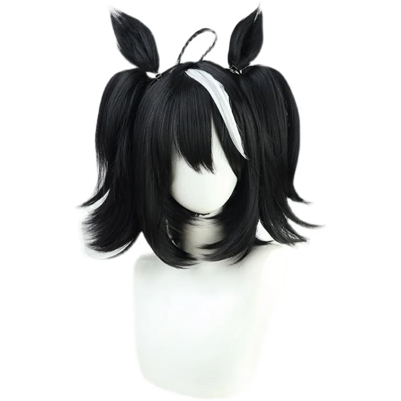 Wig Cosplay Hitam Anime Uma Musume Pretty Derby Kitasan Ekor Telinga Properti Pesta Halloween Rambut Sintetis Serat Tahan Panas