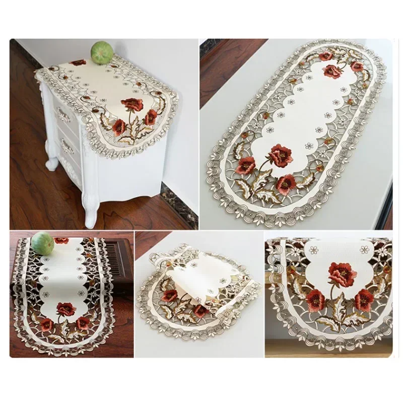 Table Runner Embroidered Table Cloth Elegant Oval Lace Tablecloth Coasters Party Wedding Dining Table Decoration Dust Cover