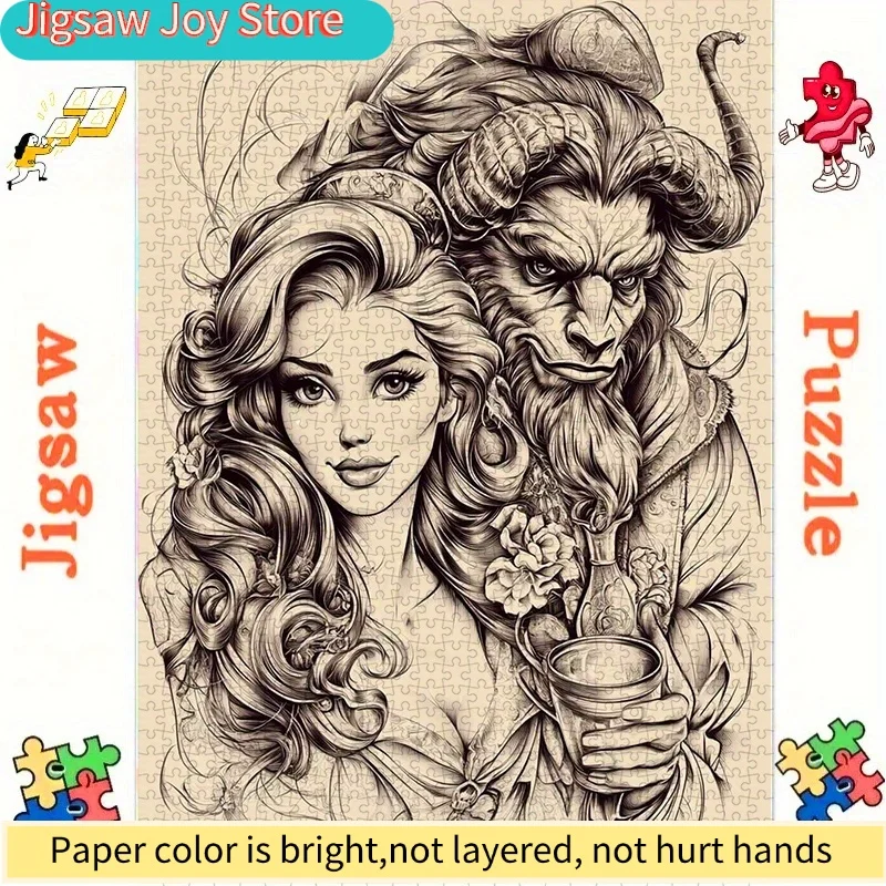 Puzzle 500 elementów Disney, papierowe puzzle DIY z piękną kobietą i Bestią, romantyczna ręcznie rysowana ilustracja, gruby biały karton.