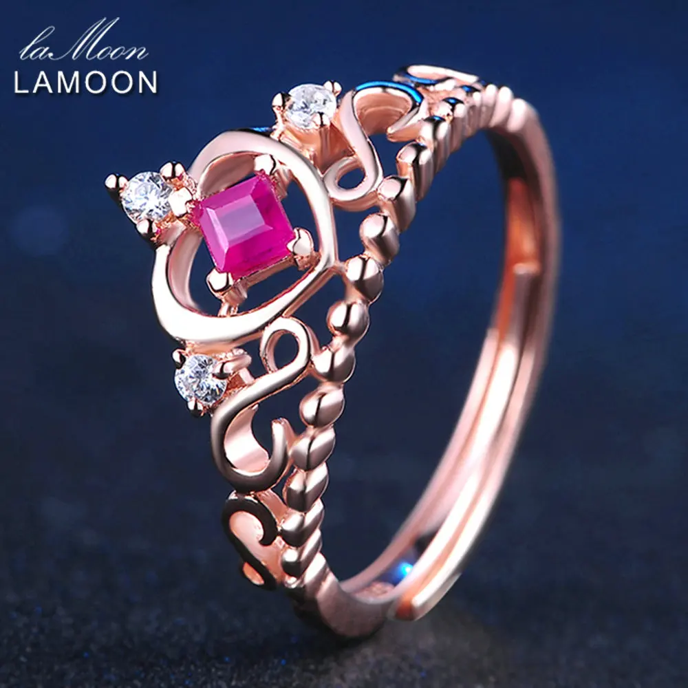 

LAMOON Natural Ruby Gemstone Ring For Women Luxury Elegant Princess Crown 925 Sterling Silver Rose Gold Plated Jewelry LMRI013
