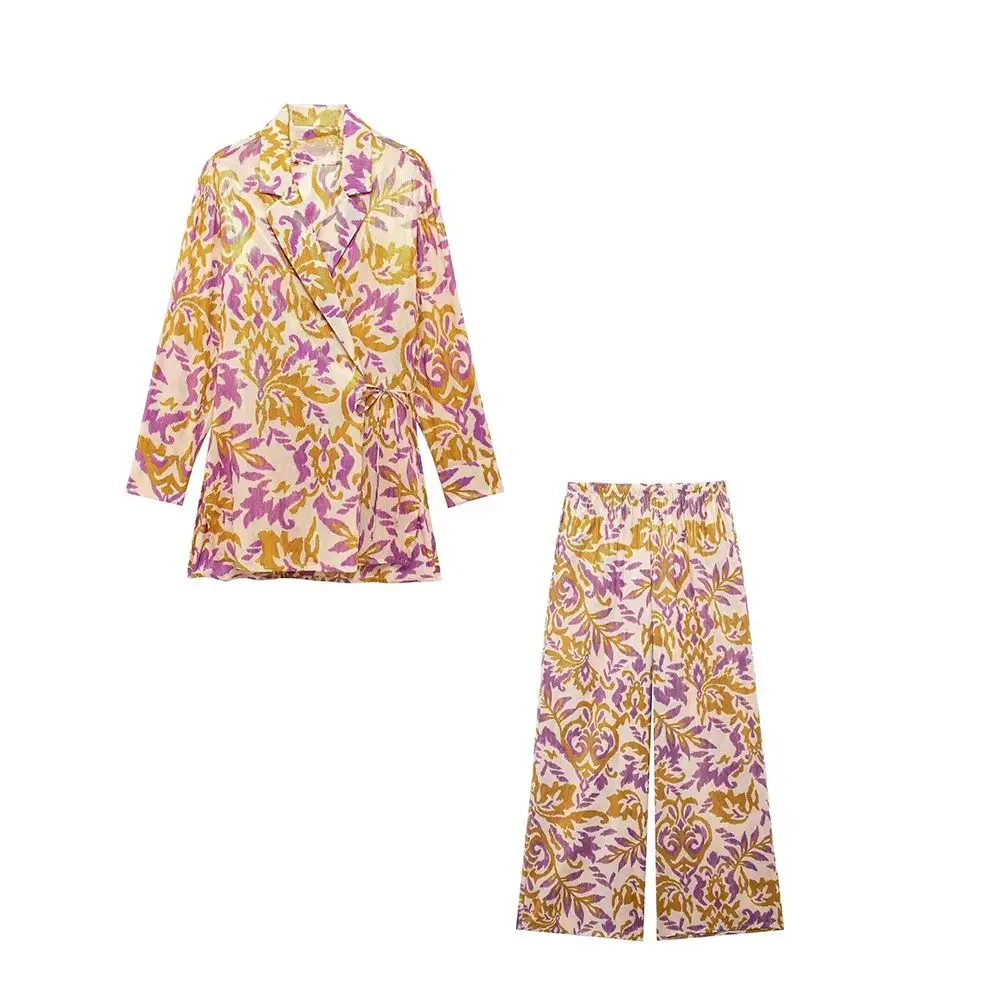 

KONDALA 2025 Women Office Lady Wire Fabric Print Suits Lace-up Straight Blazers+Elastic Waist Long Pants Women Fashion Sets