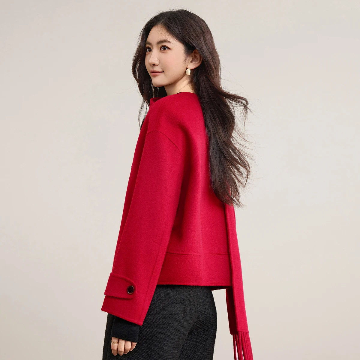 SENTBUILA Women's Woolen Coat 2026 Winter Long Sleeve Double-sided Wool Jackets Detachable Scarf Collar Pockets Coats W54OG2451