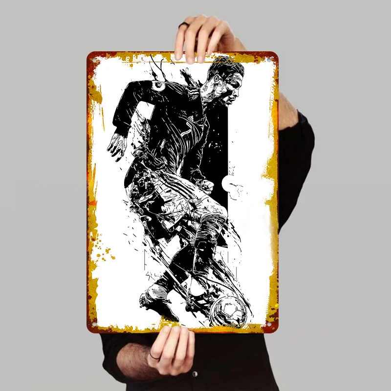 Soccer Player Metal Iron Painting Creative Sports Theme Wall Decor for Living Room Bedroom Bar