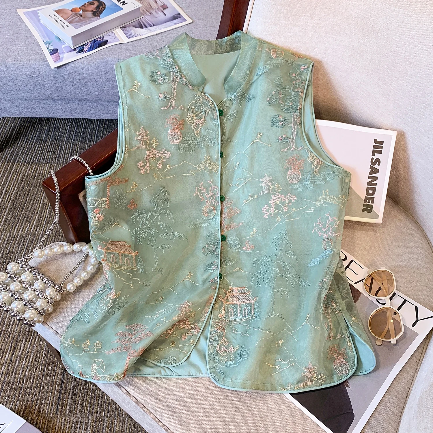 Embroidered Heavyweight Women's Vest Spring Summer Fashion New Chinese Style National Trend European Organza Stand Collar Top