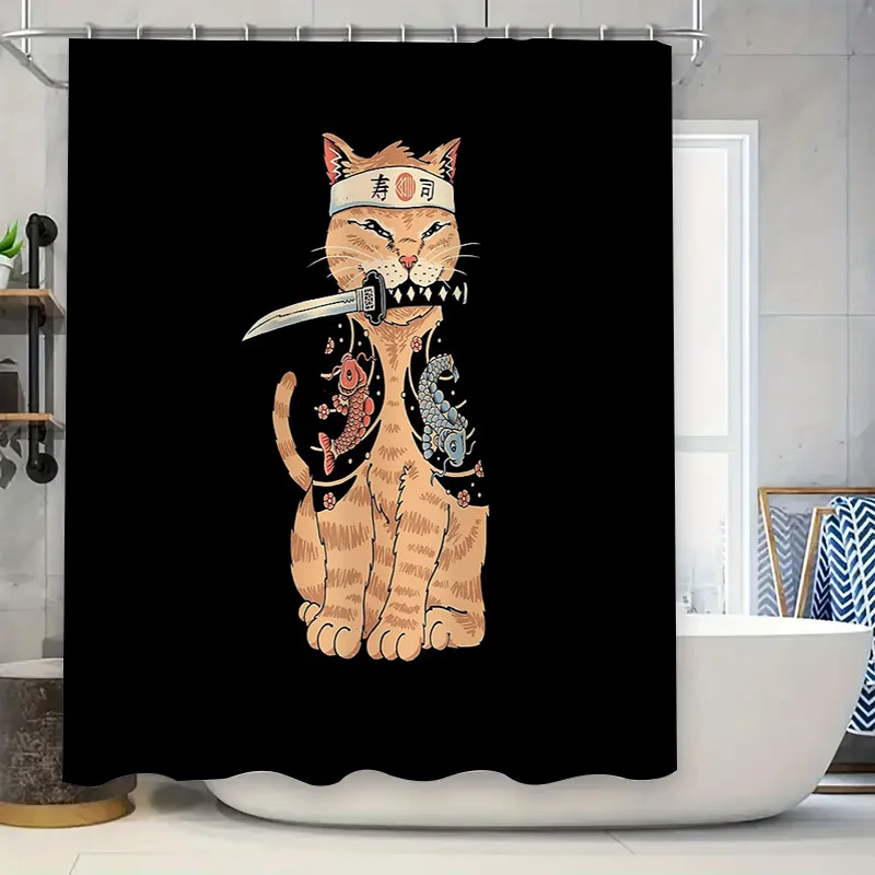 

Japanese Cat Bath Curtain Anime Warrior Kitty Shower Curtain Japanese Style Decor Washroom Fabric Door Curtain Home Decoration