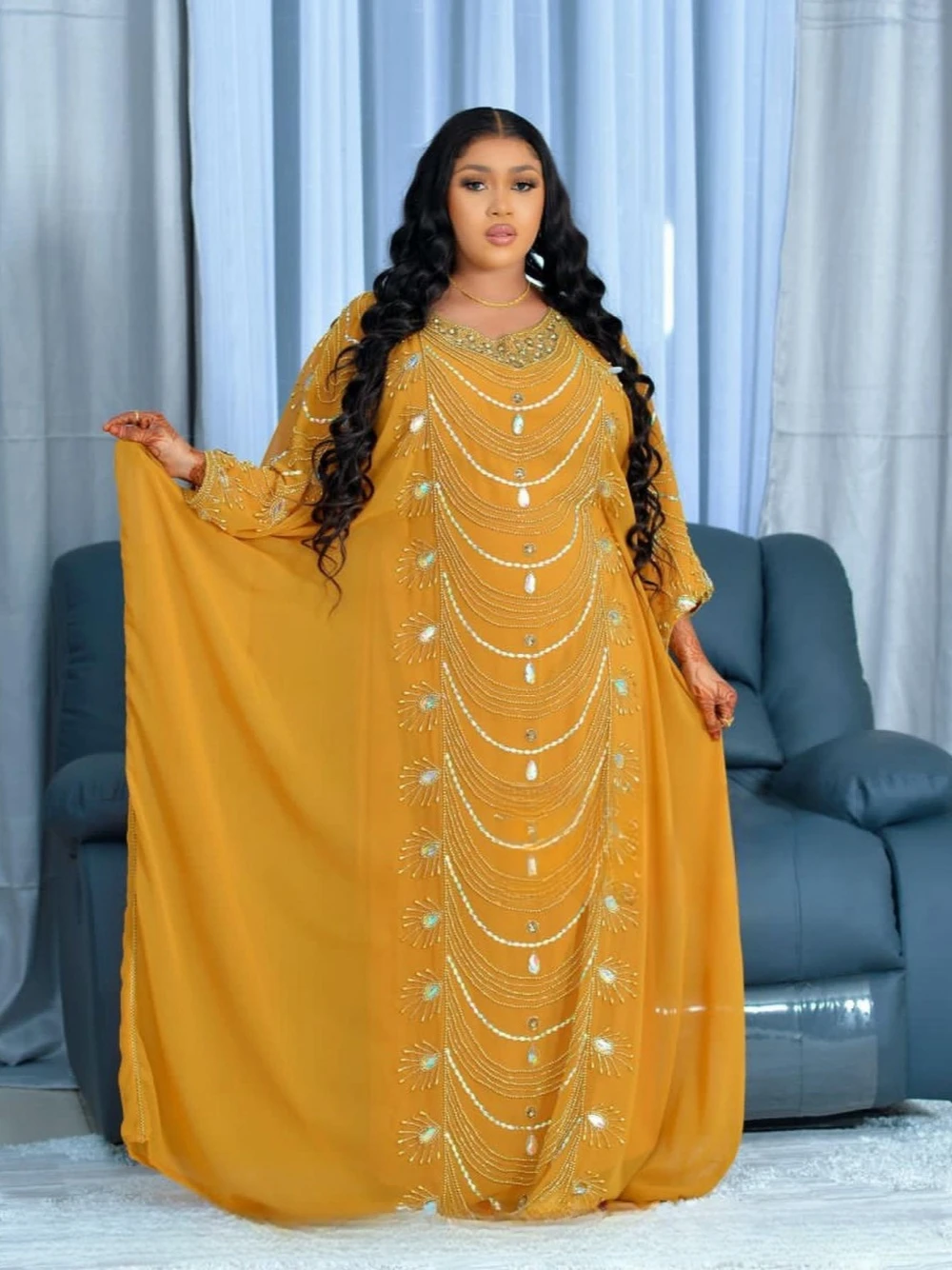 Robe caftan à manches longues pour femme, robe de Rhsaoudienne, caftan marocain de Dubaï, robe de soirée perlée élégante, robe trapèze formelle pour femme arabe