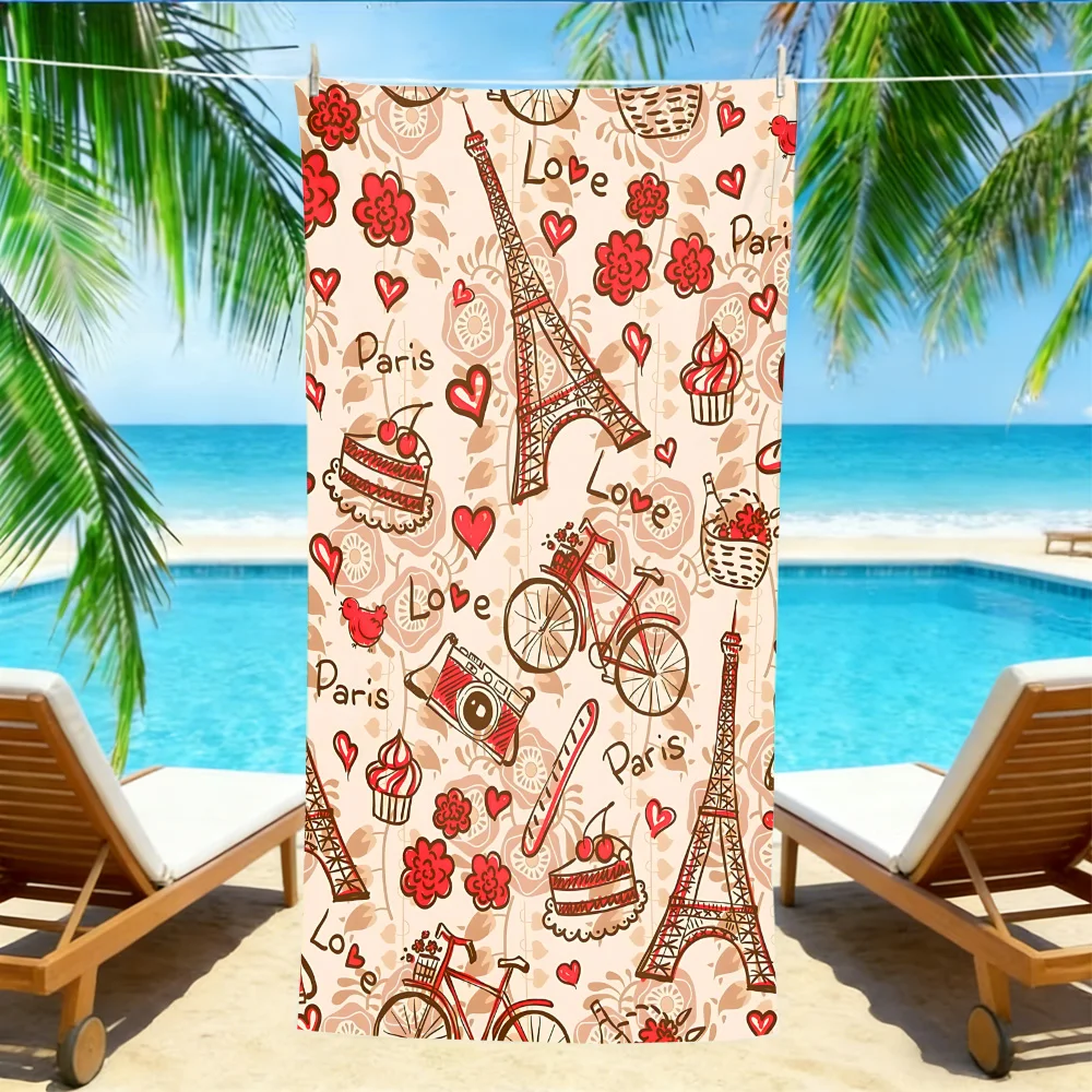 French Romantic Paris Beach Towel – Soft Absorbent Microfiber with Eiffel Tower & Bicycle Print for Summer