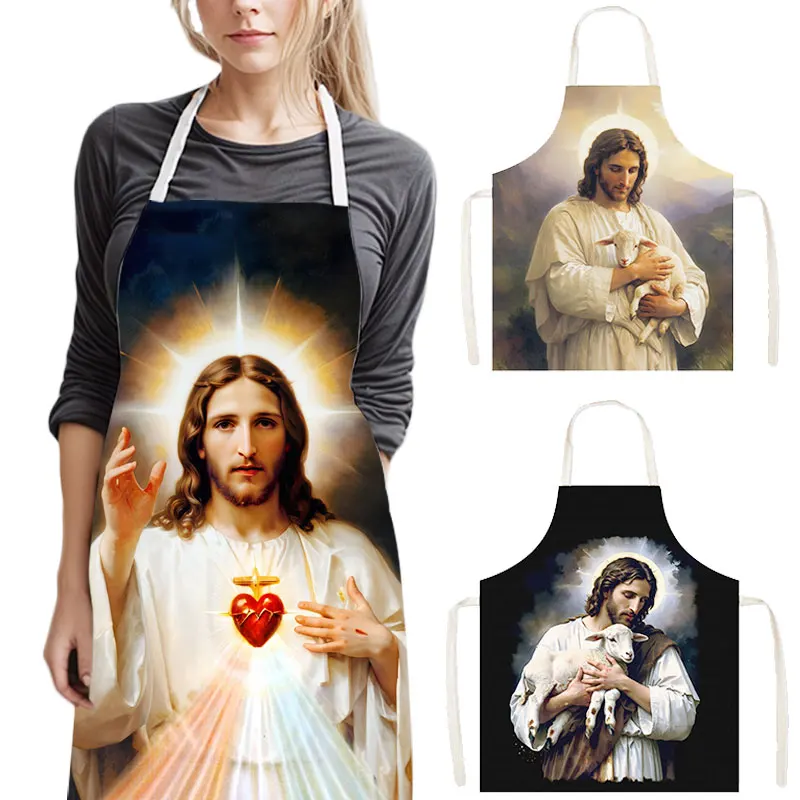 Vintage Religion Jesus Kitchen Apron Christian Prayer Blessing Pinafore Household Cleaning Tool Baking Chef Cooking Aprons