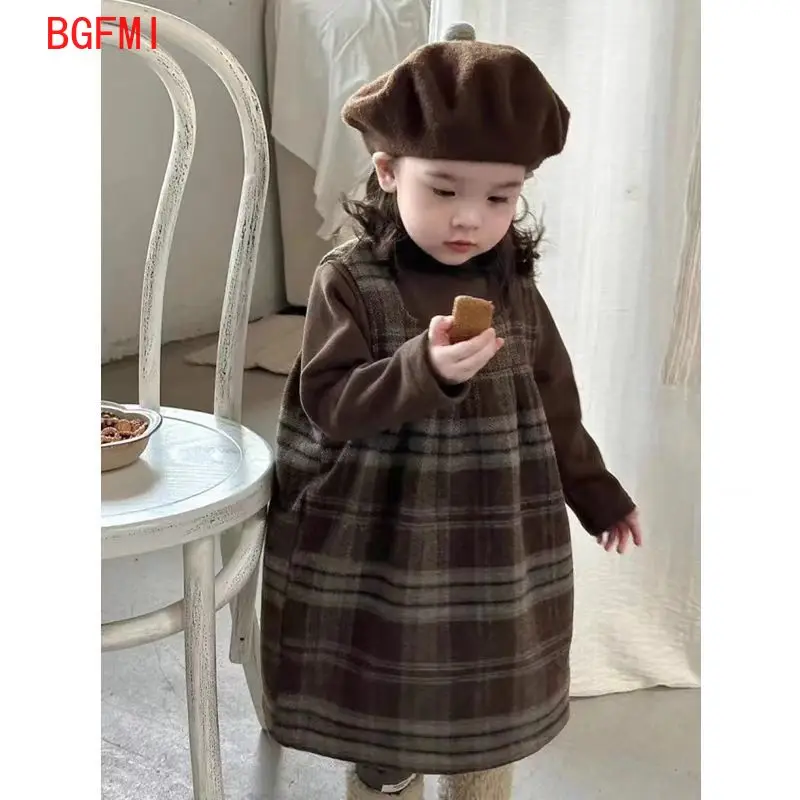 

Korean Retro Coffee Color 2025 New Girls Dress Set Girl Thin Velvet Long Sleeved Top+ Plaid Woolen Vest Dress 2pcs Set 1-10Yrs