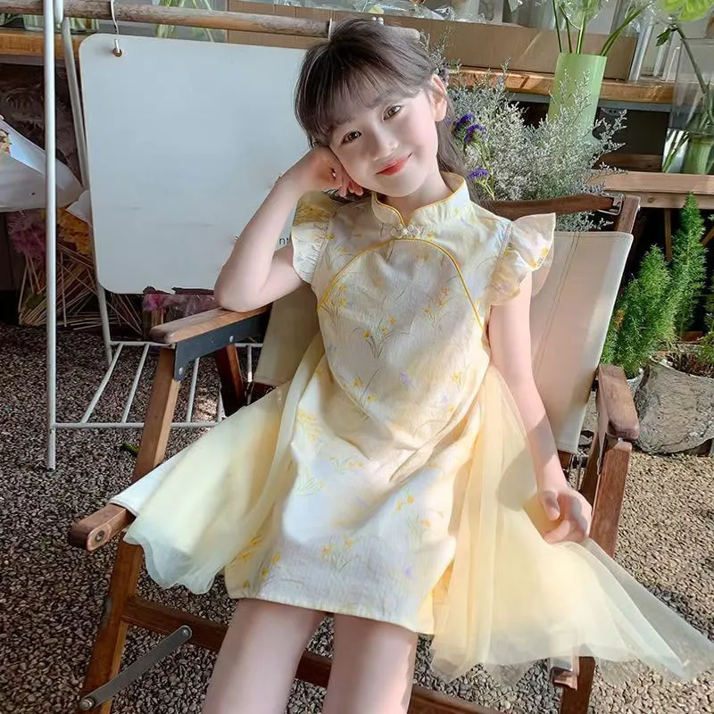 Girls' Summer Short Sleeved Cheongsam Dress 2026 Children's New Hanfu Qipao Dress Creative Kids' Improved Retro Tang Dress LJ636
